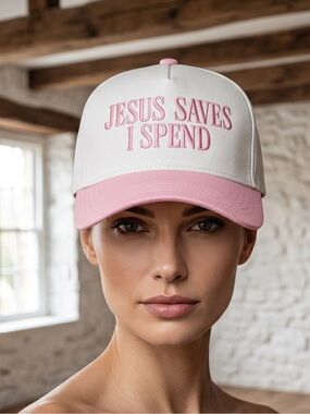Adjustable Embroidered Trucker Hat in Baby Soft Pink & Cream